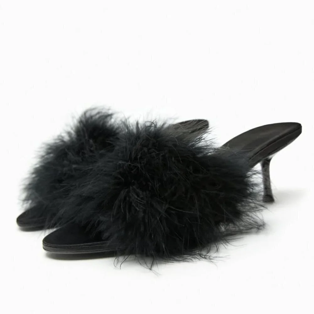 ZARA HEELED MULES WITH FEATHERS Black SIZE  | 1302/110/800